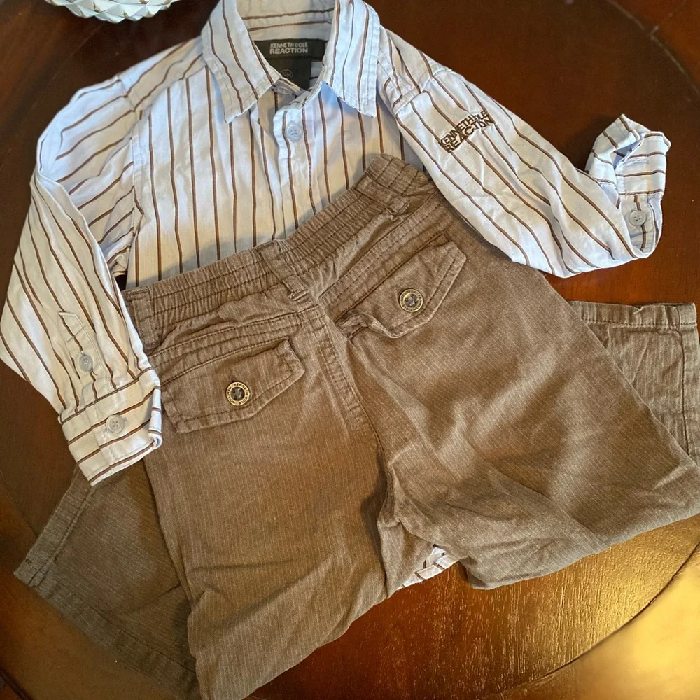 Kenneth Cole Outfit Pin Stipe Shirt & Khaki Pants Size 24 Month